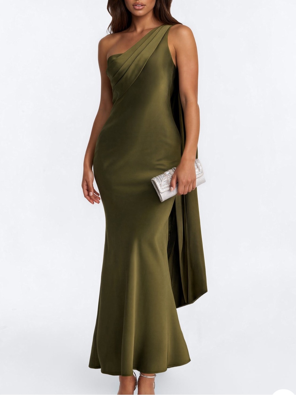 Fashion Nova Olive One-Shoulder Draped Gown